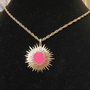 Vintage Gold and Pink Sunburst Pendant Necklace
